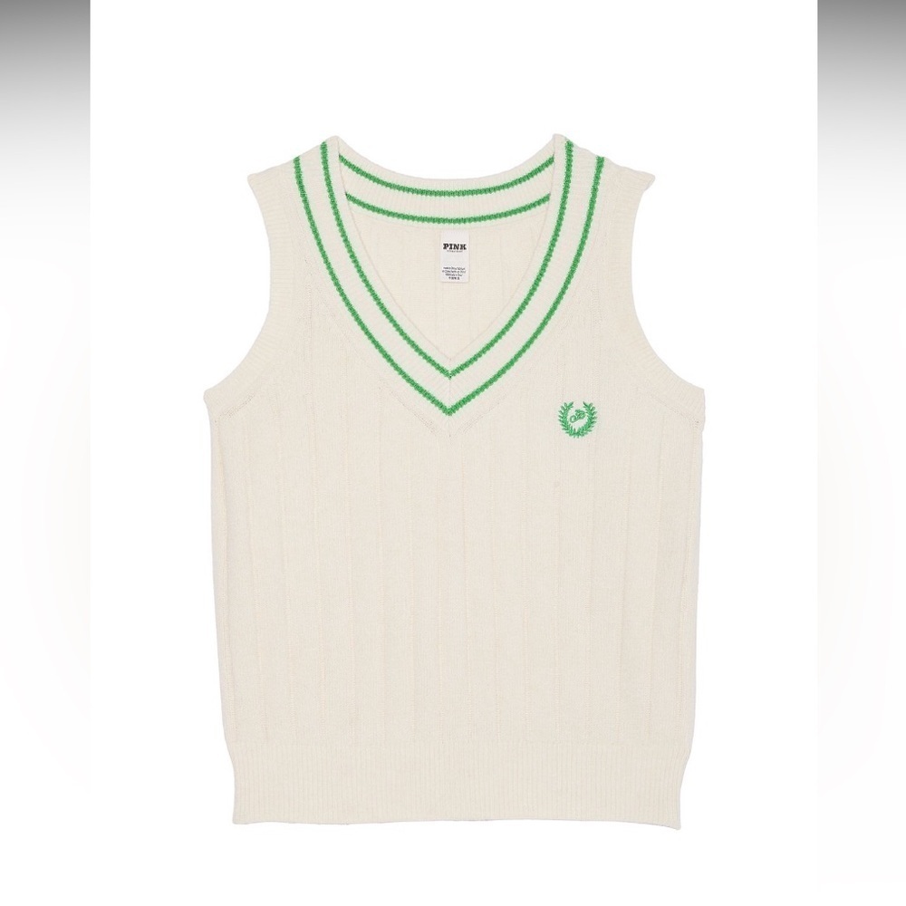 PINK Victoria's Secret collegiate knit sweater Vest S Cream and Green - Picture 3 of 6